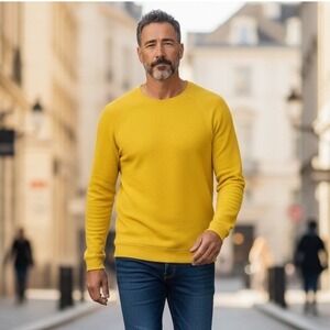 Club Monaco Mens Yellow Textured Waffle Knit Cotton Crewneck Sweater Size M